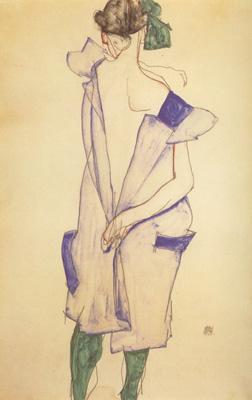 Egon Schiele Standing Girl in Blue Dress and Green Stockings.Back Viwe (mk12) Germany oil painting art